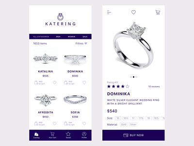 Katering shop. Jewellery app beauty catalog clean ios jewelry light logo menu minimalistic mobile price rates ring rings violet white