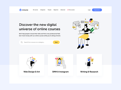 Online courses landing page. Concept cards clean course courses education elearning grey illustraion landing learning light logo logodesign menu minimalistic online course school search smm university
