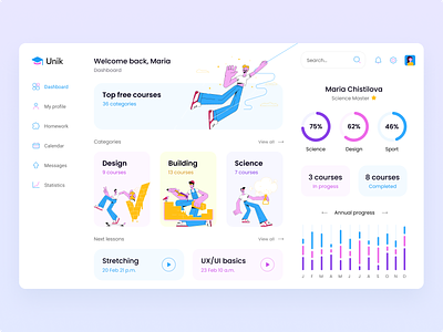Online courses dashboard. Concept analytics category chart course courses dashboad education graphic illustration learning platform logo menu percentage poppins profile progress school statistic student whitespace