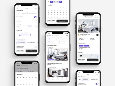 Booking App booking calendar category chooser clean date filters hotel ios location menubar mockup price price range rating search swipe switcher travel whitespace