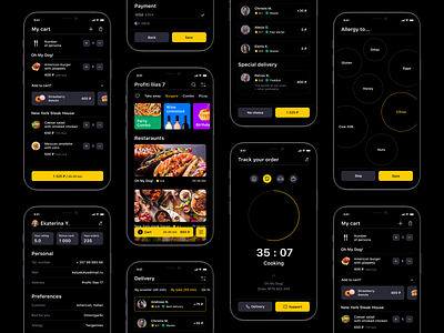 Food delivery app app cart categories ckeckout dark delivery food menu mockup payment preferences profile rating restaurant time timer tracking userflow yandex yellow