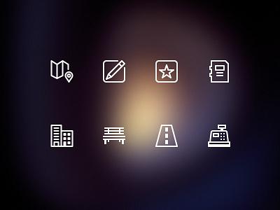 Icons for city service site bench building cashdesk icons info map pencil pin road service star write