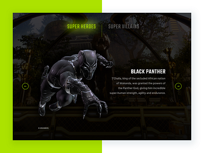 Sanzaru Games Website black panther character selector design game game website gaming gaming website marvel super hero super villian ui ui design ux ux design web web design website website design