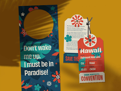 CNCDA Convention Branding | Luggage tag invite and door hanger branding convention door hanger event floral flowers hawaii luggage tag plane ticket