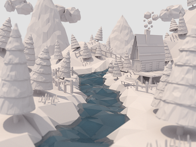 Work in Progress 3d blender building house isometric low poly model mountain paper snow tree water