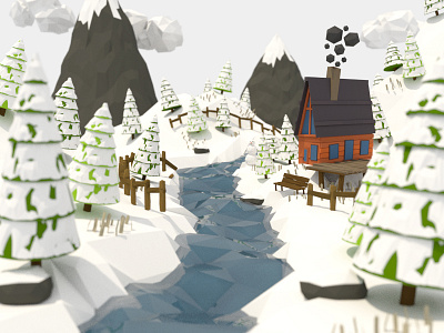 Winter House Scene 3d blender building house isometric low model mountain poly snow tree winter