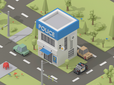 Police Building Cars Loop 3d animation blender car isometric loop low poly lowpoly model police tree