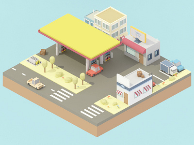 Gas Station #1 3d blender building car gas station house isometric low poly lowpoly model tree truck