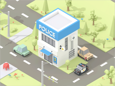 Police Building Process 3d animation blender bush car isometric low poly lowpoly model police process tree
