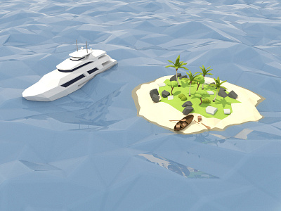 Yacht 3d blender boat island isometric low model palm poly sea tree water