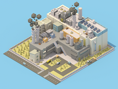 Isometric Factory (full view) 3d blender building car colorful factory isometric low model poly truck water