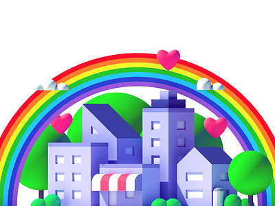 Happy Town - 2D to 3D Collaboration 3d blender building city collab collaboration isometric low poly model rainbow town urban