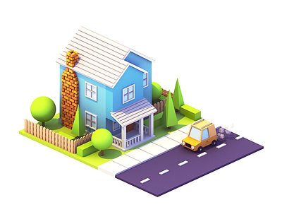 Suburban Home 3d blender building car city home house illustration isometric low poly model tree urban