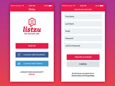 Listzu sign up screens