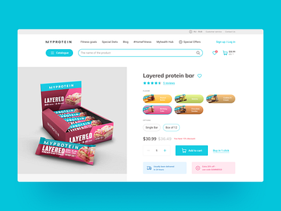 E-Commerce product page Myprotein redesign bar blue bootstrap calories e commerce design ecommerce fatburn figma landing protein protein bar sport ui uiux ux uxui web web design