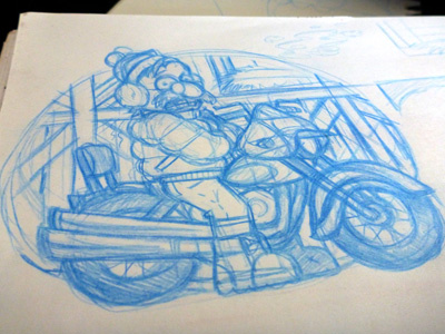 Rough Sketch for a Magazine Illustration barn cold freezing harley davidson motorcycle mustache shivering winter