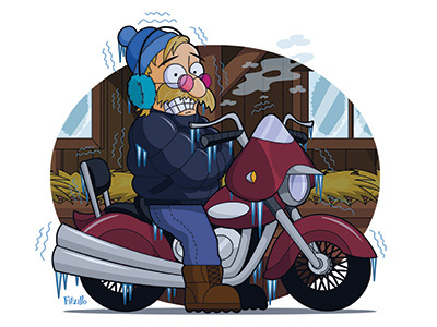 Motorcycle Magazine Illustration Final barn cabin fever cold earmuffs harley harley davidson icicles illustration magazine illustration motorcycle mustache nh magazine shivering winter