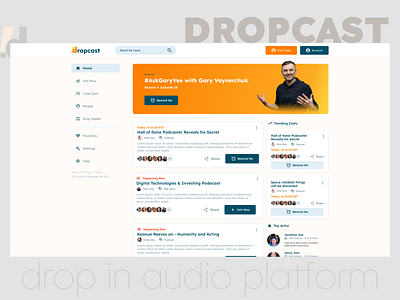 DropCast - Drop In Audio Platform audio chatapp design dropinaudio minimal podcast ui ux webdesign website website design