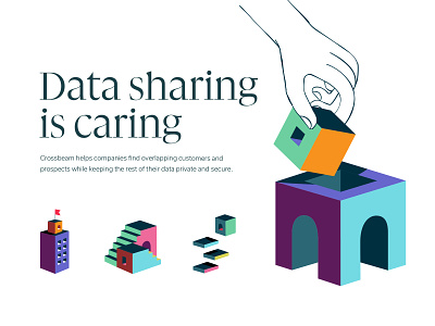 Data sharing is caring blocks branding color focus lab hand illustration isometric stairs