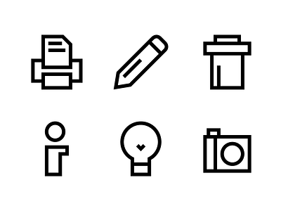 Icons bulb camera caption edit icons info pencil photo print trash