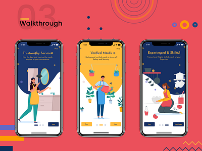 MaidMe Walkthrough Screens adobe xd app design hire illustration ios maid maid service mobile app design ui walkthrough