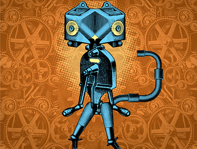 skinny cat character collage experiment illustration machine retro robot