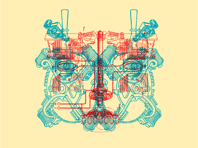 Interface collage diagram drawing face head illustration machine technology