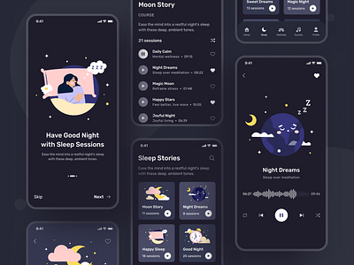 Meditation & Sleep Mobile App app creative design figma health illustration meditation mental mentalhealth mobile app mobile ui sleep soul ui uiux yoga