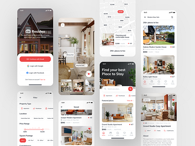 Resideo - Real Estate App app creative design estate figma home homerent mobile app mobile ui property real realestate realtor red rent rental travel ui uiux