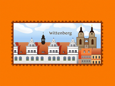 Wittenberg Stamp Prob architecture art bible building christian city germany illustration landscape martin luther reformation stamp town travel