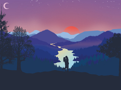 Flat design illustrations animal art best couple fantasy flat flat illustration flatdesign flatdesigns illustration illustrator landscape love sun sundown sunrise tree treehouse vector witch