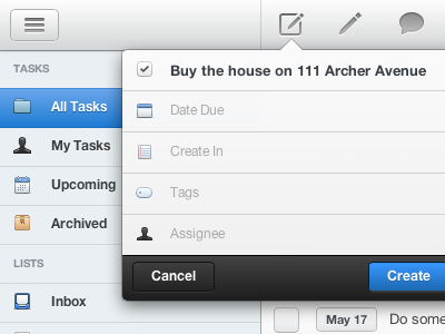 New Task app icons popover sidebar todo toolbar ui web