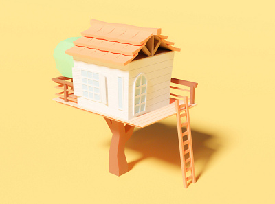 Tree House colored cute house render tree