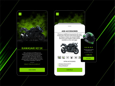 Motorcycle app black clean concept concept design green motorbike motorcycle prototype shopping