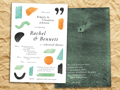 Rachel & Bennett - Rehearsal Dinner Invite colour design garamond graphic design invite print shape stationery watercolor watercolour wedding