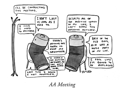 AA Meeting alcoholics anonymous battery cartoon cartoonist comic comix editorial gag humour illustration new yorker pun