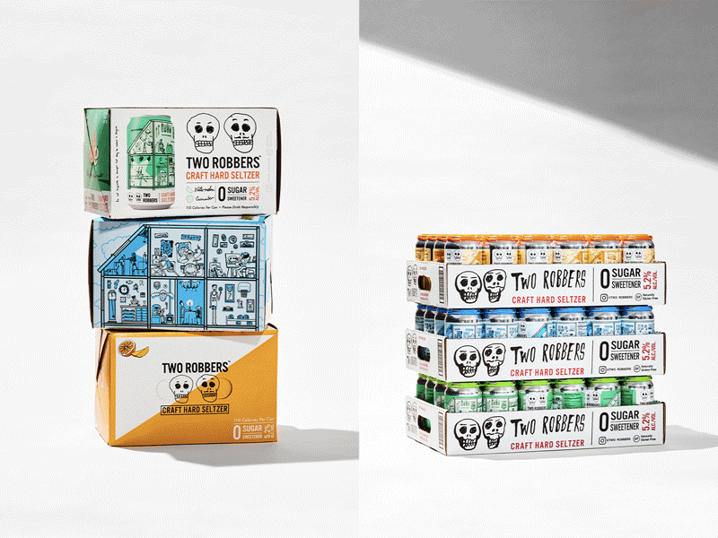 Two Robbers - Packaging Product Shots branding can design cartoon design doodle drinks packaging hard seltzer illustration packaging