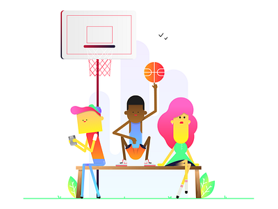 Characters On A Bench basketball bench birds gameboy hat hoop jordans lady park plant