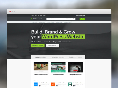 New MOJO Marketplace homepage design green homepage marketplace themes ux wordpress