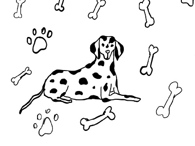 dalmatian, dog, happy dalmatian, dog paws, bones, dog food, blac a picture for a business card black and white dalmatian spots bones dalmatian dog dog food dog paws flyer for a beauty salon happy dalmatian illustration illustration for instagram isolated elements set for printing on posters vector
