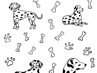 dalmatian, dog, happy dalmatian, dog paws, bones, dog food, blac a picture for a business card black and white dalmatian spots bones dalmatian dog dog food dog paws happy dalmatian illustration illustration for instagram isolated elements postcard set for printing on a picture set for printing on posters