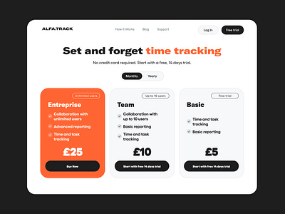 Pricing page for time tracking website concept