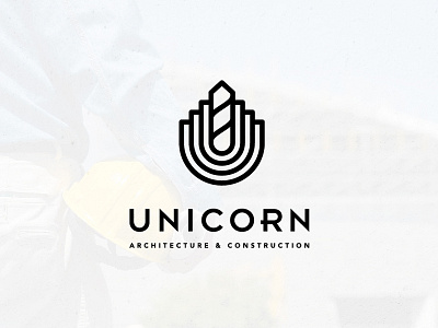 Unicorn Logo architecture building construction drill horn line art u letter unicorn