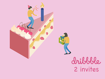 2 Dribbble invite birthday cake draft dribbble giveaway hello illustration invitation invite isometric