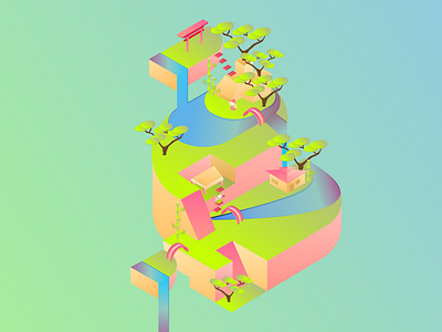 Chinese Garden Maze 3d asian chinese dribbble garden gradient illustration isometric maze paradise tree