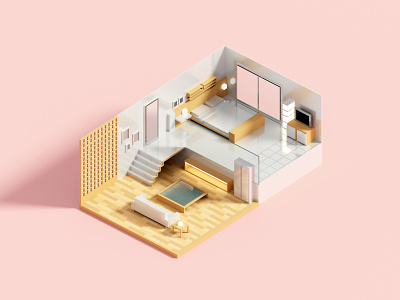 Compact Room 3d house illustration interior isometric minimal voxel