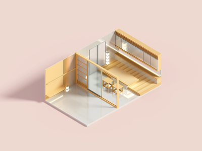 Kanso 3d illustration interior isometric room voxel
