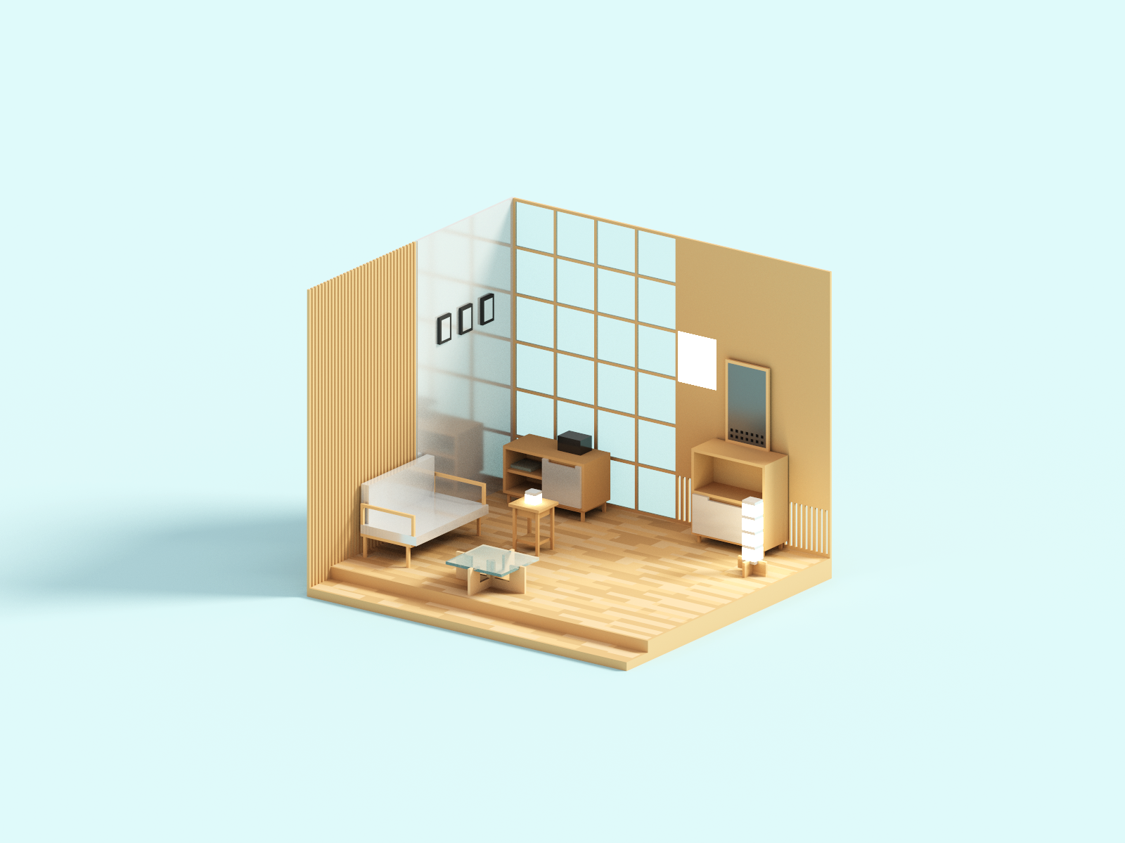 Minimal room minimal furniture room interior voxel 3d illustration