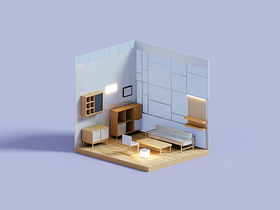 Mid-century modern 3d illustration interior room voxel