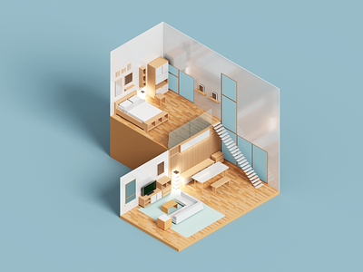 Loft 3d architecture house illustration interior isometric minimal voxel
